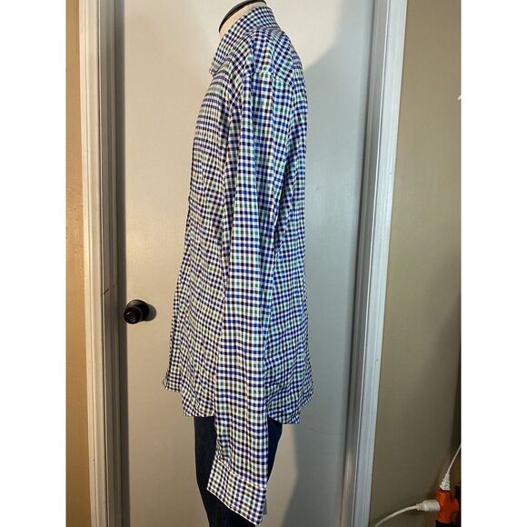 Butter Cloth Shirt Mens L Blue White Green Slim Plaid Button Long Sleeve Stretch - Picture 2 of 11